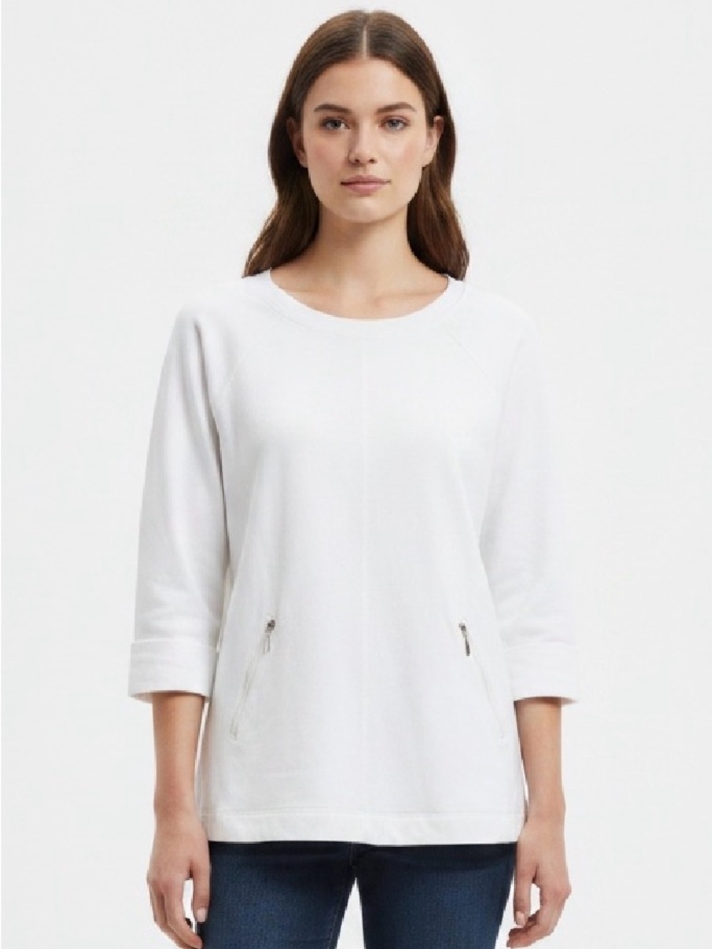 Karen Scott White Zip Pocket Pullover. Stylish , and comfortable .